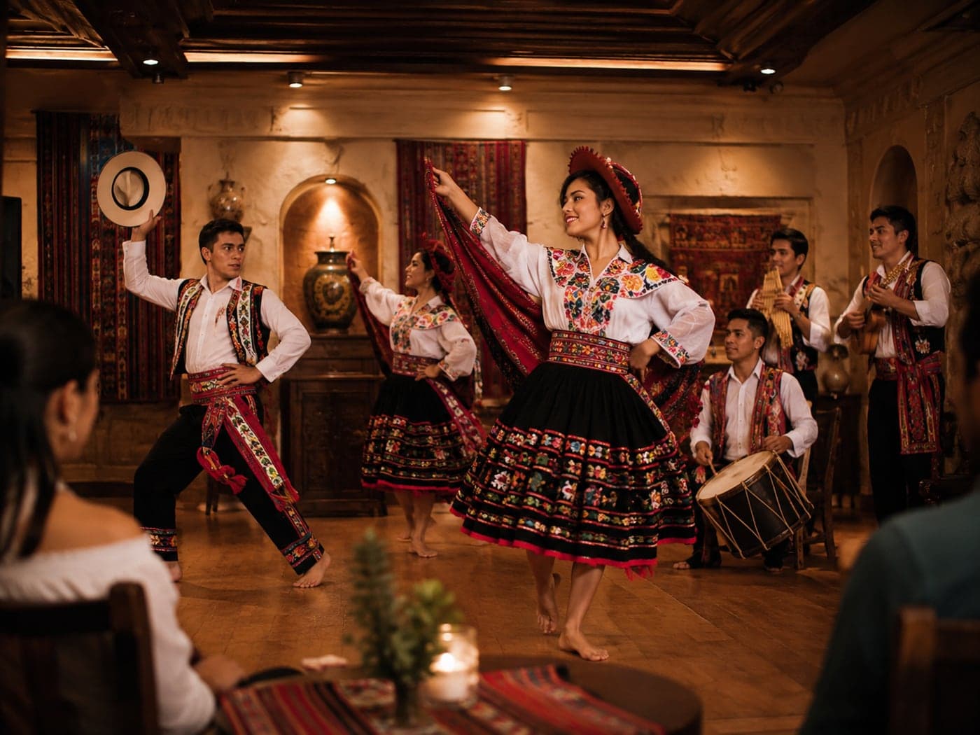 Peru Baila dancers celebrating in traditional costumes