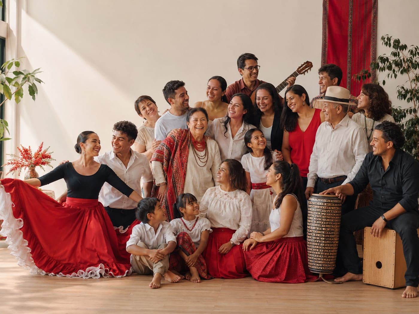 Peru Baila community gathered together in traditional dress