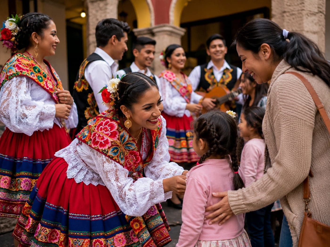Peru Baila dancers meeting families at an outdoor cultural event